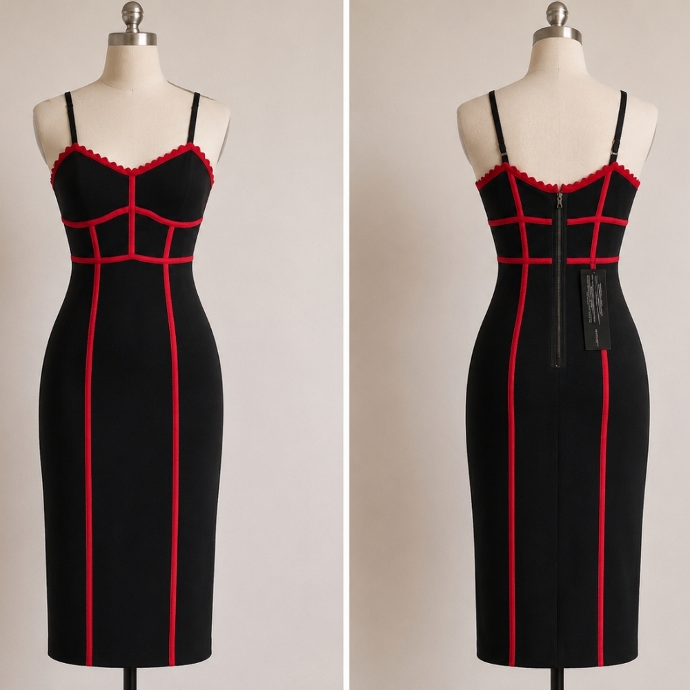 BCBGMaxAzria Black Midi Dress with Hot Red Trim